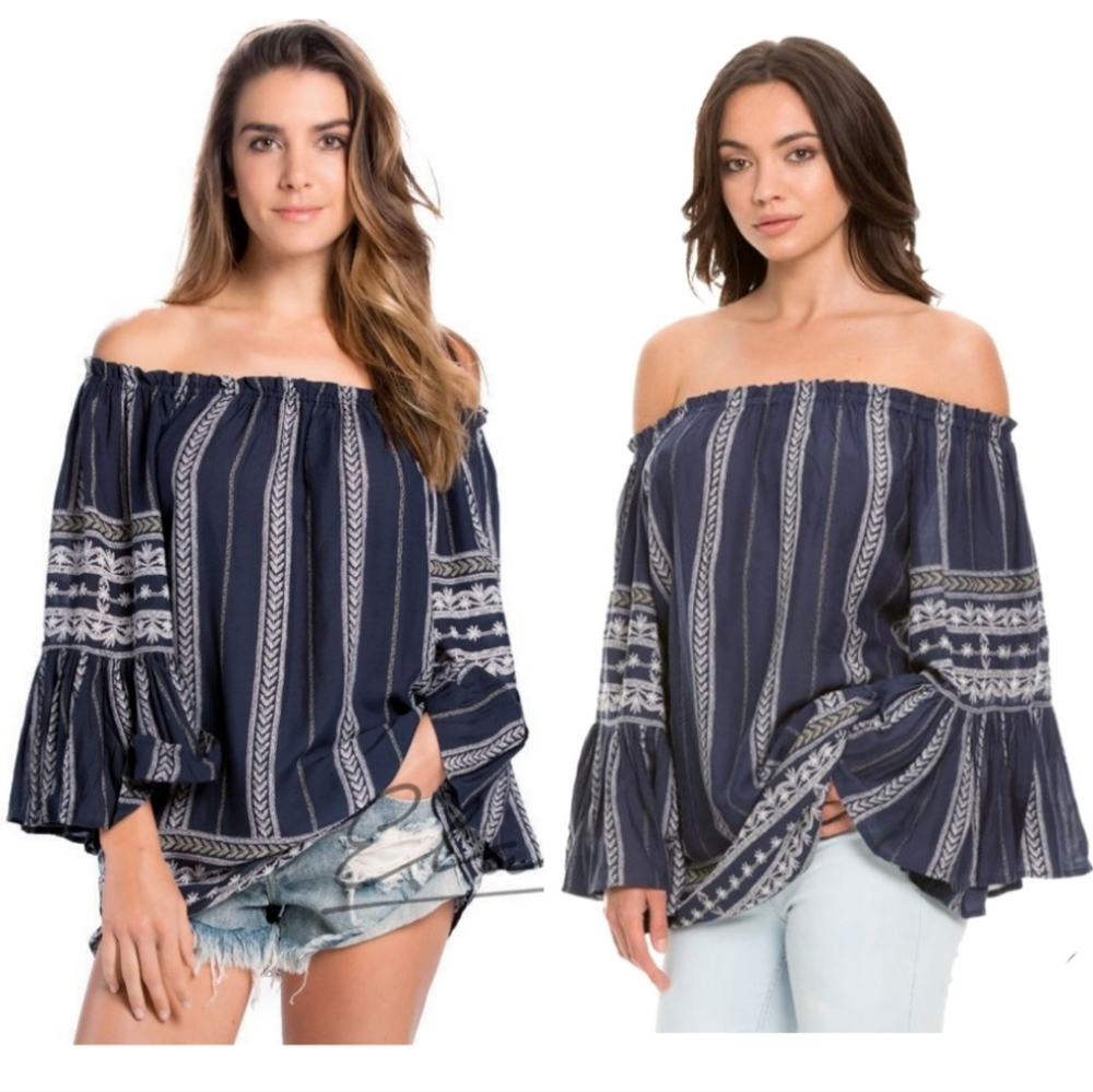 ELAN Bell Sleeve Boho Print Blouse
